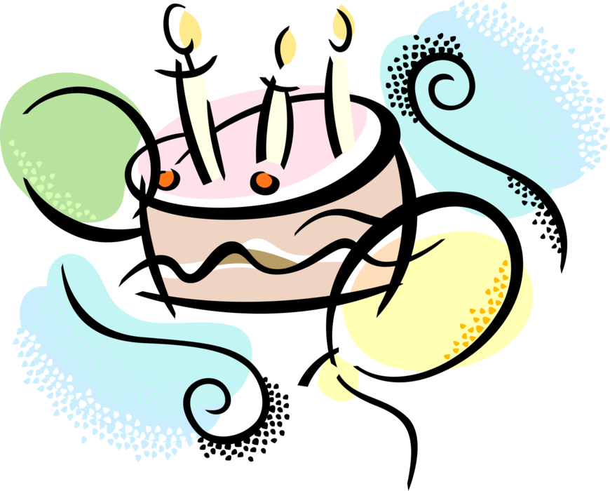 Vector Illustration of Dessert Pastry Birthday Cake with Lit Candles