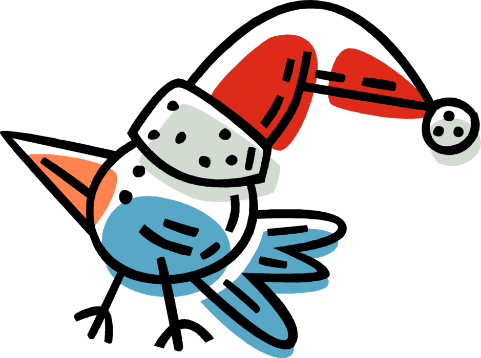 Vector Illustration of Feathered Bird Wears Santa Claus Christmas Hat