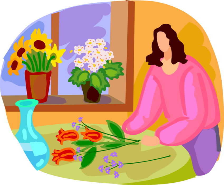 Vector Illustration of Florist Woman Arranging Flowers in Vases