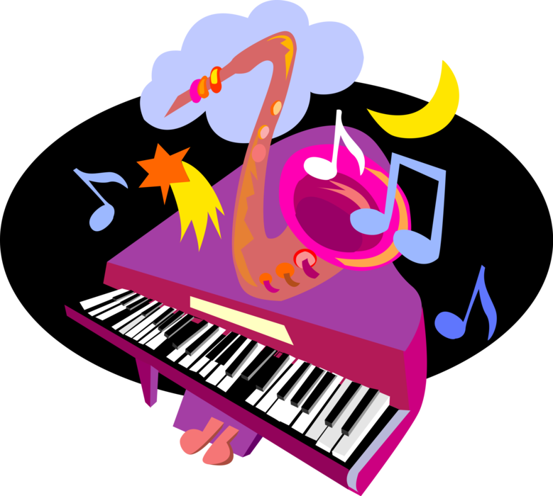 Vector Illustration of Grand Piano Keyboard with Saxophone Brass Musical Instrument
