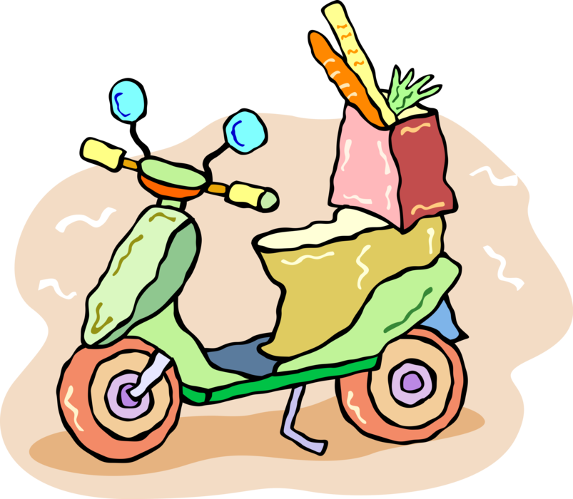 Vector Illustration of Motor Scooter Motorcycle with Step-Through Frame and Bag of Food Groceries