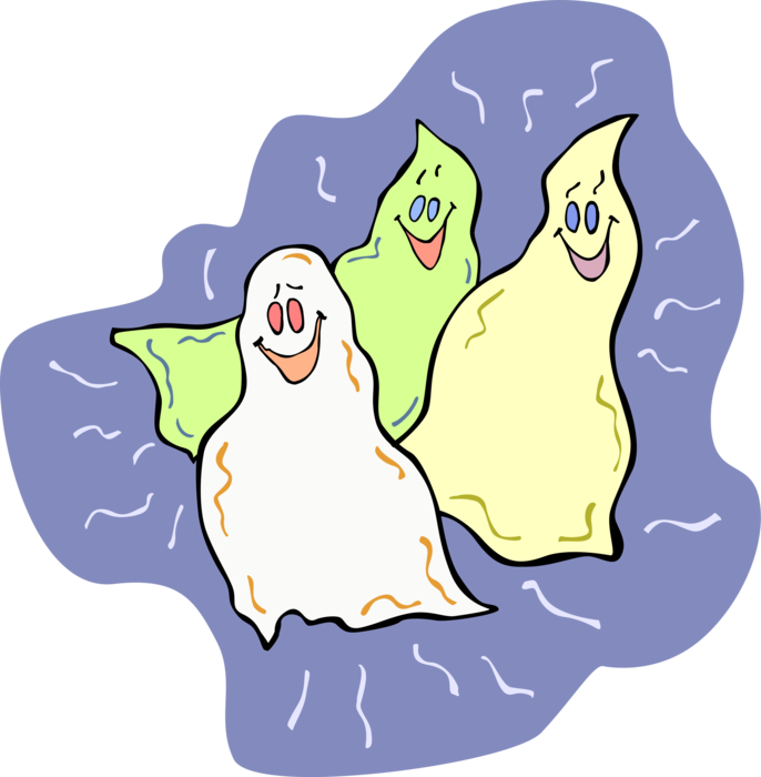 Vector Illustration of Three Scary Halloween Ghost Phantom, Apparition, Spirit, Spooks