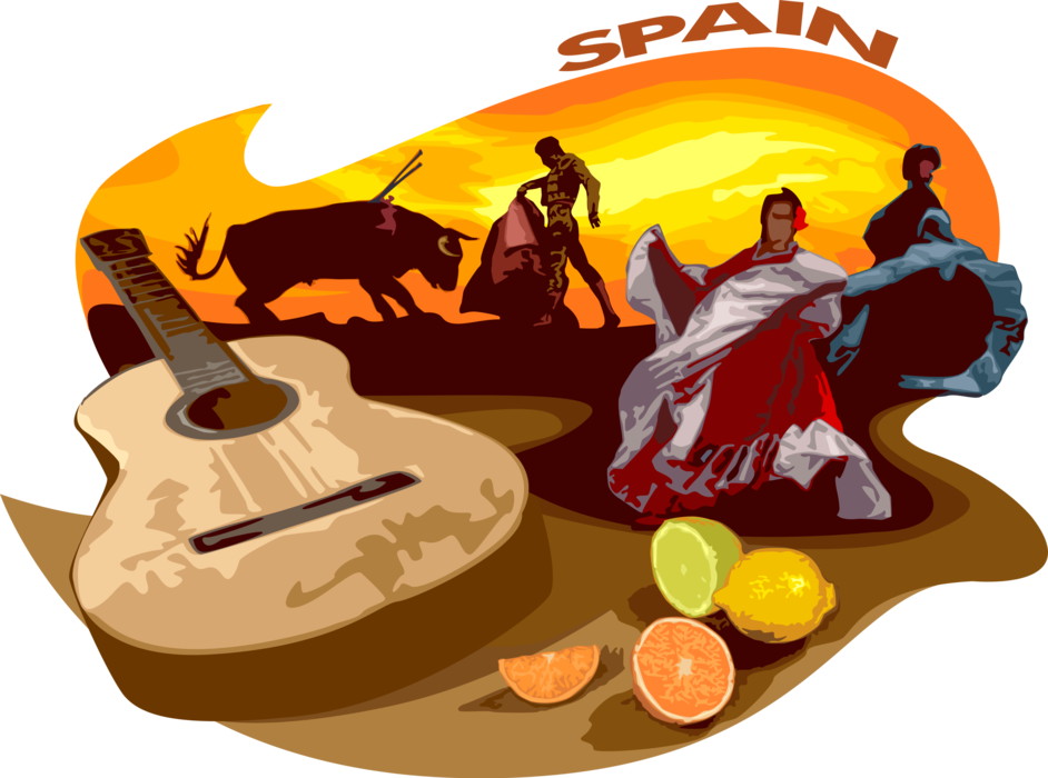 Vector Illustration of Spain Bullfight Matador, Spanish Flamenco Dancers and Acoustic Guitar Postcard Design