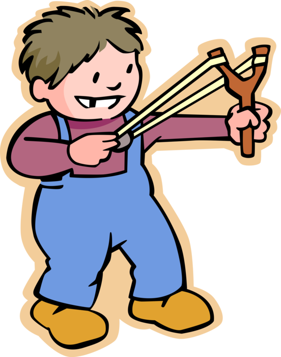 Vector Illustration of Primary or Elementary School Student Boy with Slingshot Hand-Powered Projectile Weapon