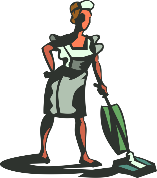 Vector Illustration of Domestic Service Chambermaid Maid or Housemaid in Hotel Cleaning with Vacuum