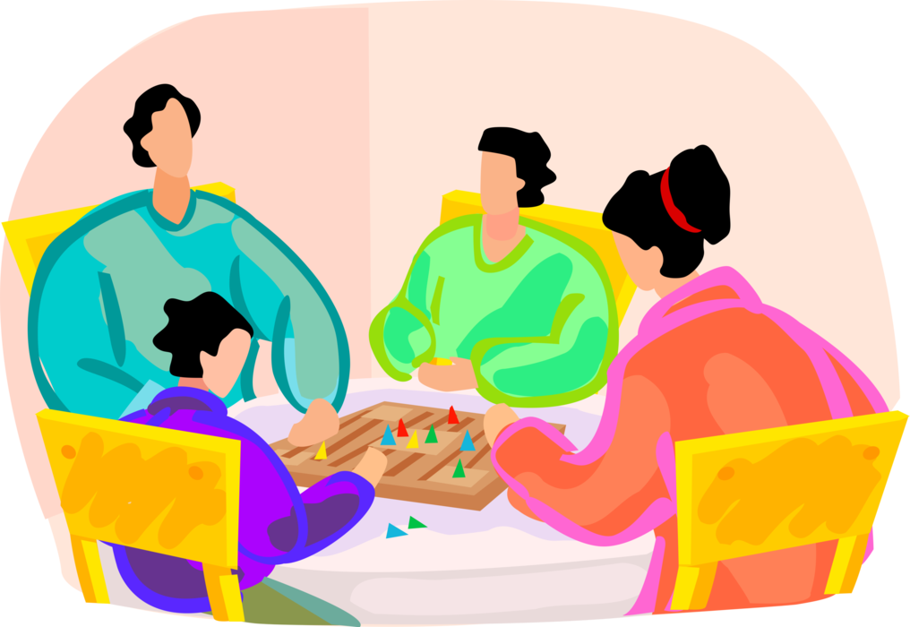 Vector Illustration of Family Plays Board Game on Table