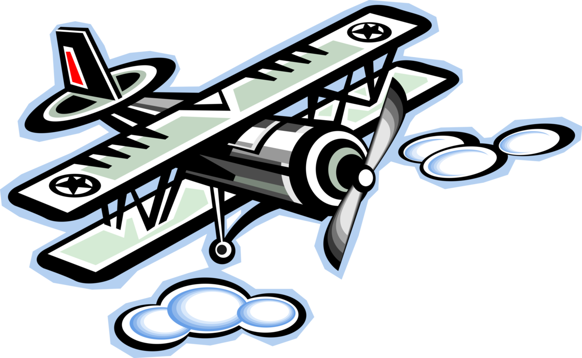 Vector Illustration of Biplane Fixed-Wing Aircraft Airplane with Two Main Wings and Propeller