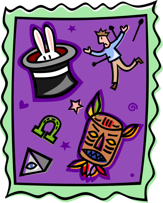 Vector Illustration of Hocus Pocus Magician's Magic Hat, Voodoo Doll and Tribal Mask
