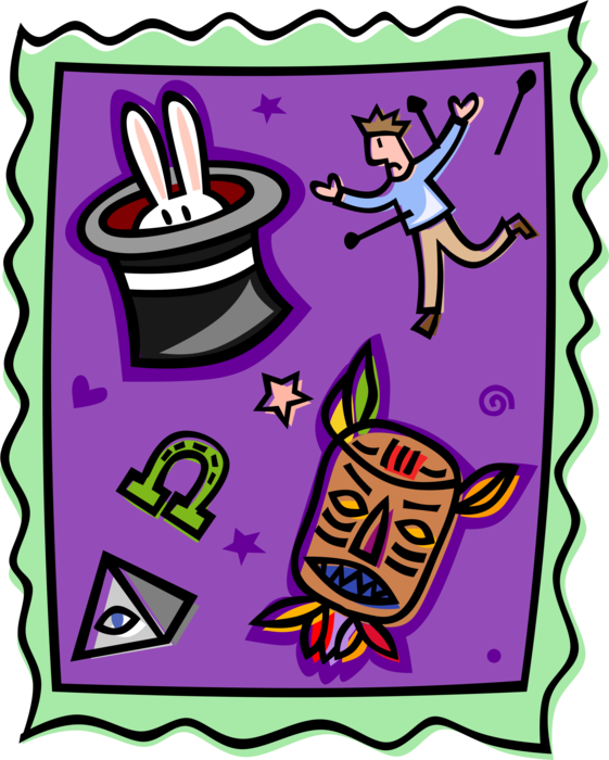 Vector Illustration of Hocus Pocus Magician's Magic Hat, Voodoo Doll and Tribal Mask