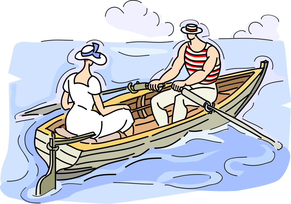Vector Illustration of 19th Century Victorian Era Romantic Couple in Wooden Rowboat or Row Boat