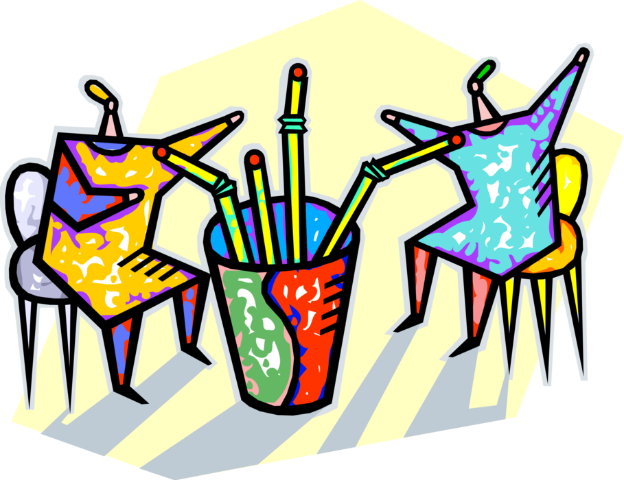 Vector Illustration of Colleagues Drinking from Straws in Cup