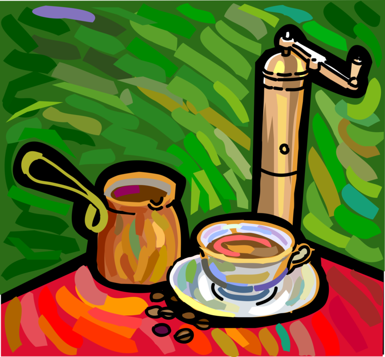 Vector Illustration of Turkish Coffee Türk Kahvesi Unfiltered Coffee Served from Copper Cezve and Grinder