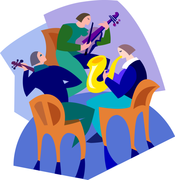 Vector Illustration of Musical Ensemble Musicians Playing Violins and Saxophone Musical Instruments
