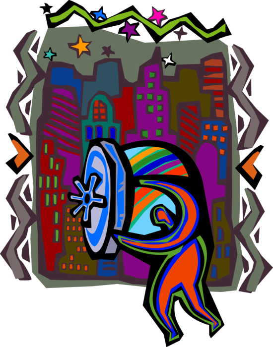 Vector Illustration of Opening Sealed Door to City Nightlife Fun and Excitement