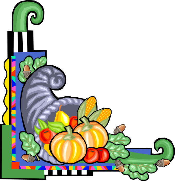Vector Illustration of Cornucopia Horn of Plenty Border with Harvest Fruits and Vegetables