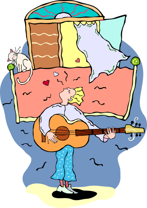 Vector Illustration of Musician Plays Acoustic Guitar in Bedroom with Cat Kitten