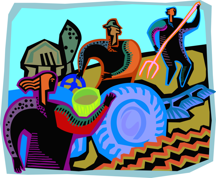 Vector Illustration of Farmer Drives Farm Tractor with Workers in Fields