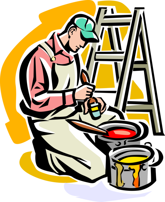 Vector Illustration of Home Renovation and Decoration Painter with Paint and Step Ladder