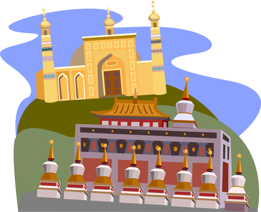 Vector Illustration of China, Xinjiang Tibet, Id Kah Mosque, Kashgar, Ta'er Tibetan Buddhist Monastery
