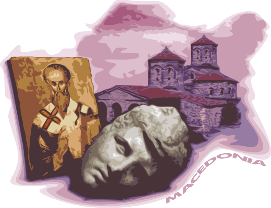 Vector Illustration of Macedonia Plaosnik or Saint Kliment Church and Roman Ruin Statue
