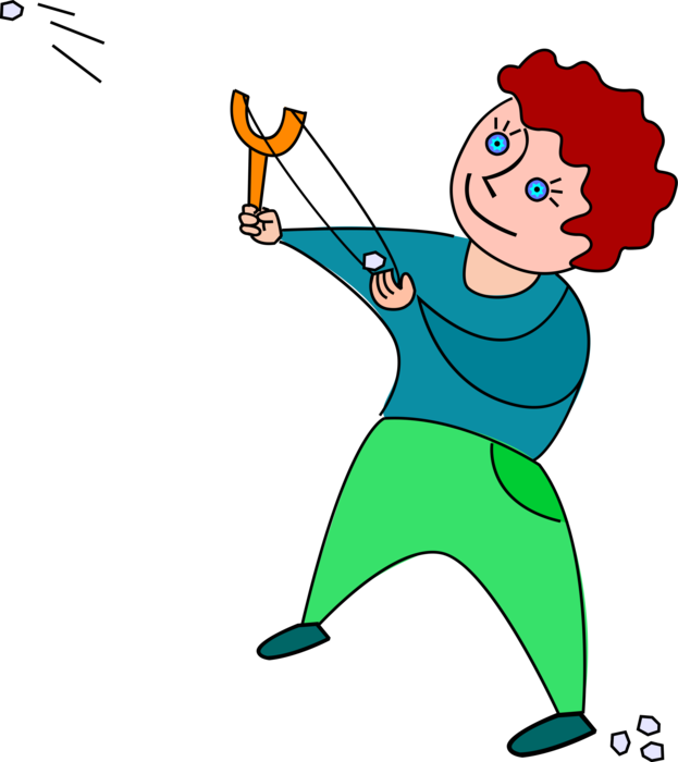 Vector Illustration of Boy Playing with Slingshot Hand-Powered Projectile Weapon