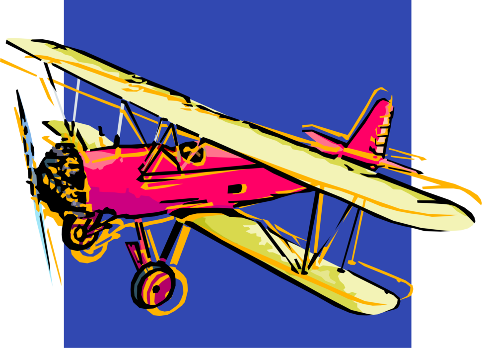 Vector Illustration of Biplane Fixed-Wing Propeller Aircraft with Two Main Wings 