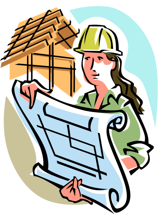 Vector Illustration of Building Construction Site Foreman with Blueprint Plans
