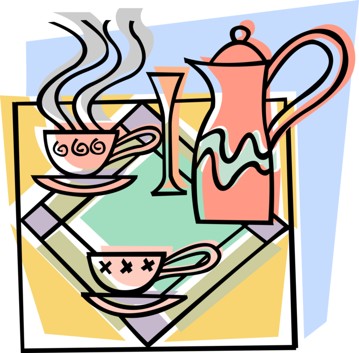 Vector Illustration of Coffee Service with Coffee Pot and Cup of Freshly Brewed Coffee