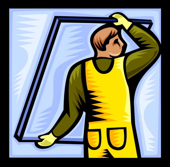 Vector Illustration of Glass Installer Carries Window Pane Glass for Installation