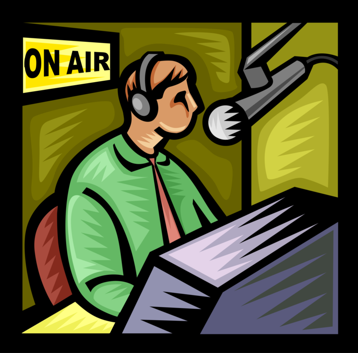 Vector Illustration of On Air Radio Disc Jockey Broadcasts Live Programming with Microphone in Studio