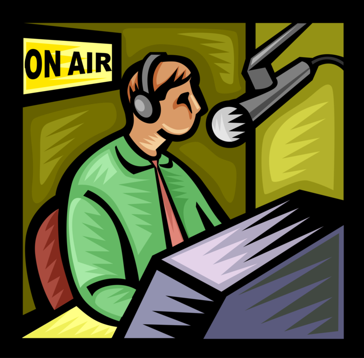 Vector Illustration of On Air Radio Disc Jockey Broadcasts Live Programming with Microphone in Studio