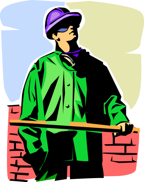Vector Illustration of Construction Worker in Saftey Hard Hat on Building Site