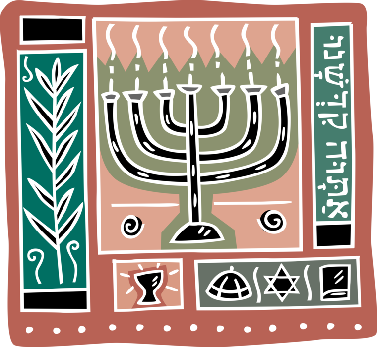 Vector Illustration of Menorah Lampstand Seven-Branched Candle Candelabra with Hebrew Text and Star of David