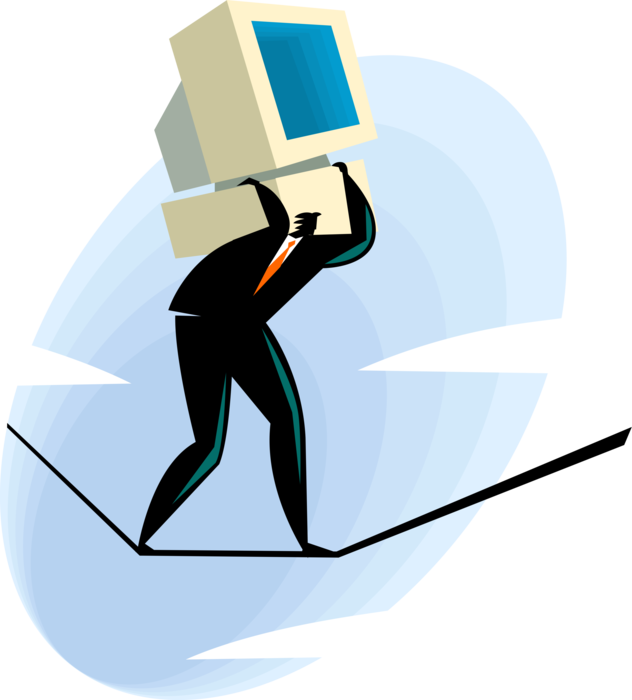 Vector Illustration of Businessman Walking on Tightrope with Computer on Back