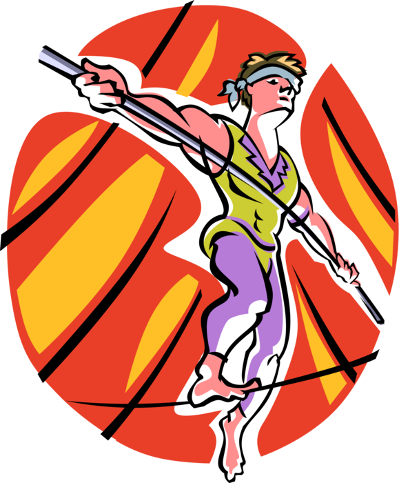 Vector Illustration of Big Top Circus Highwire Tightrope Acrobat Walking Performer Balancing on High Wire
