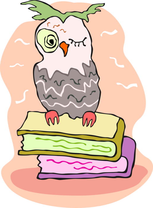 Vector Illustration of Wise Owl Symbol of Wisdom and Knowledge Sitting on Library Books