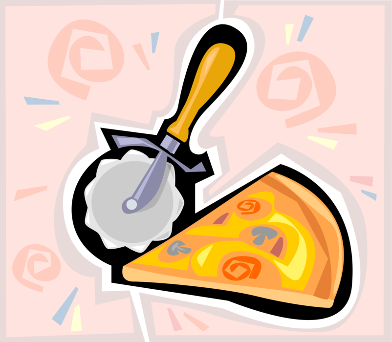 Vector Illustration of Pizza Flatbread Slice and Pizza Wheel or Pizza Cutter Knife
