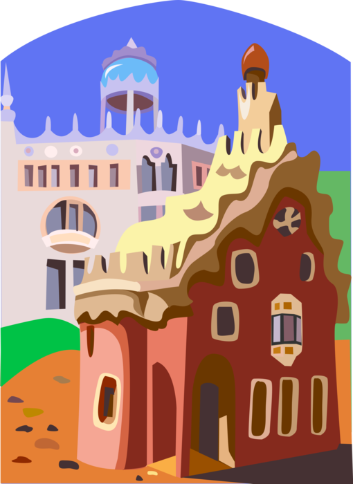 Vector Illustration of Park Güell Public Park by Anton Gaudi, Barcelona, Spain