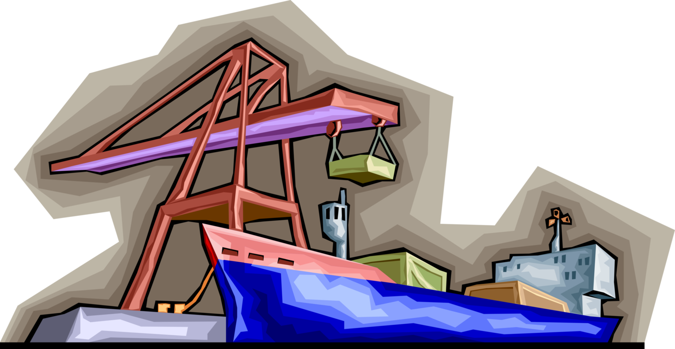 Vector Illustration of Marine Cargo Shipping Industry with Cranes Loading Ship at Docks