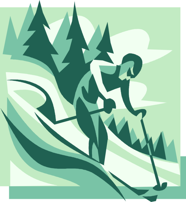 Vector Illustration of Downhill Alpine Skier Skiing in Powder Snow Down Mountain Slope
