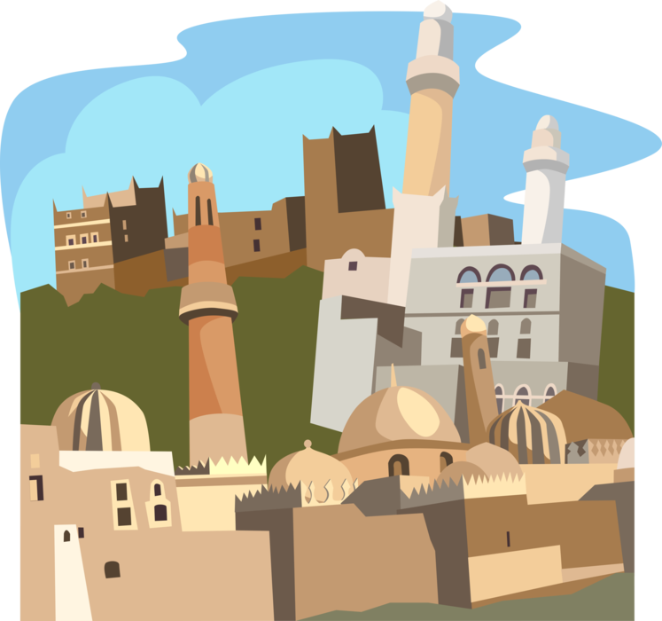 Vector Illustration of Sanaa, Islamic Minaret, Al-Saleh Mosque, Yemen
