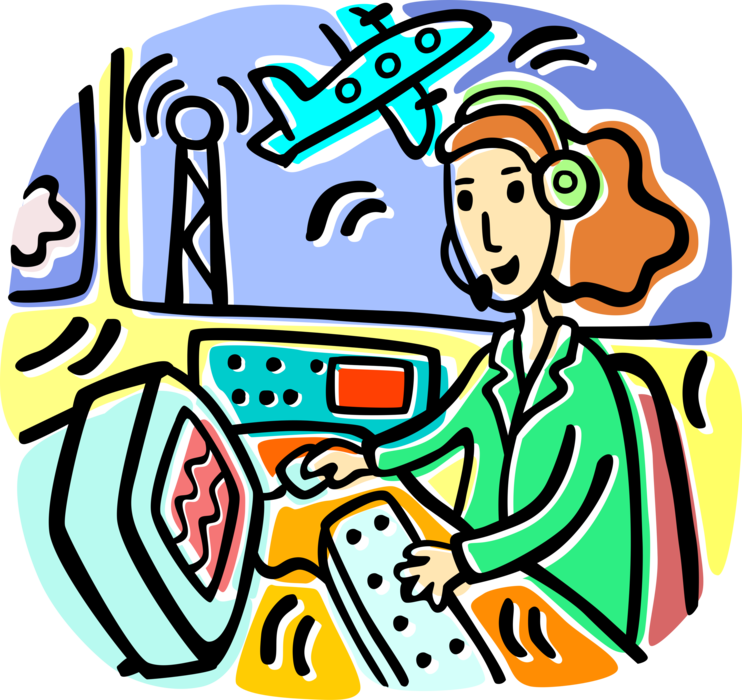 Vector Illustration of Air Traffic Controller Monitoring Airplanes Taking Off at Airport Control Tower