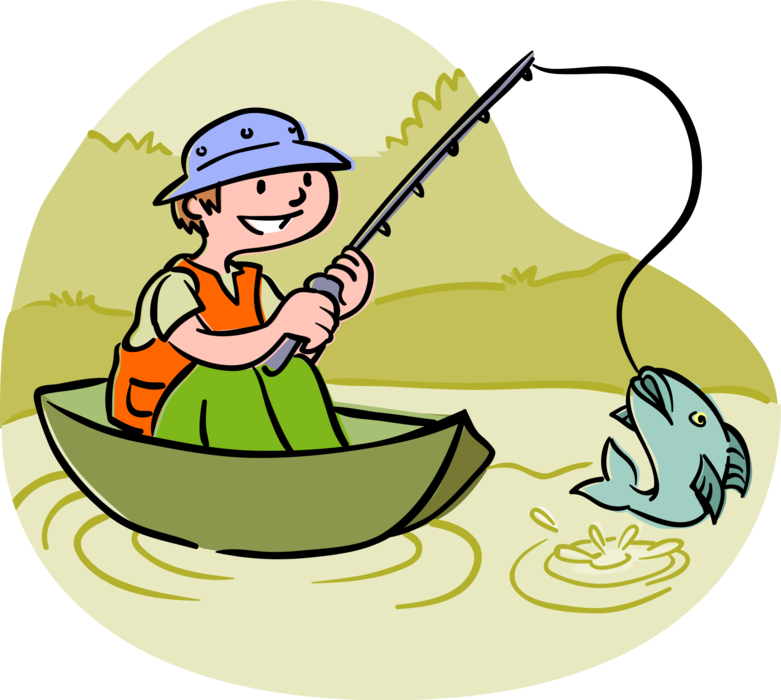 Vector Illustration of Sport Fisherman Angler in Boat Catches Fish with Fishing Rod and Reel