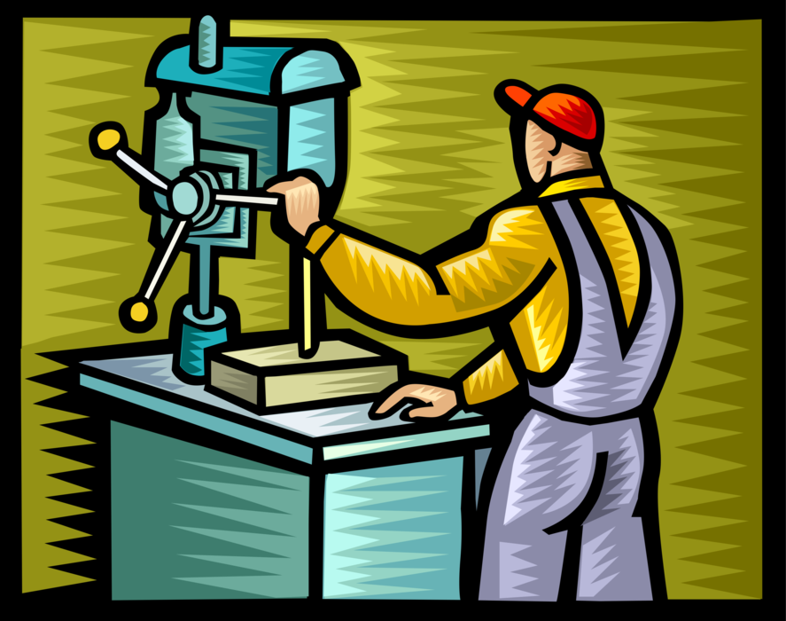 Vector Illustration of Carpenter Drilling Hole in Wood with Mounted Drill Press