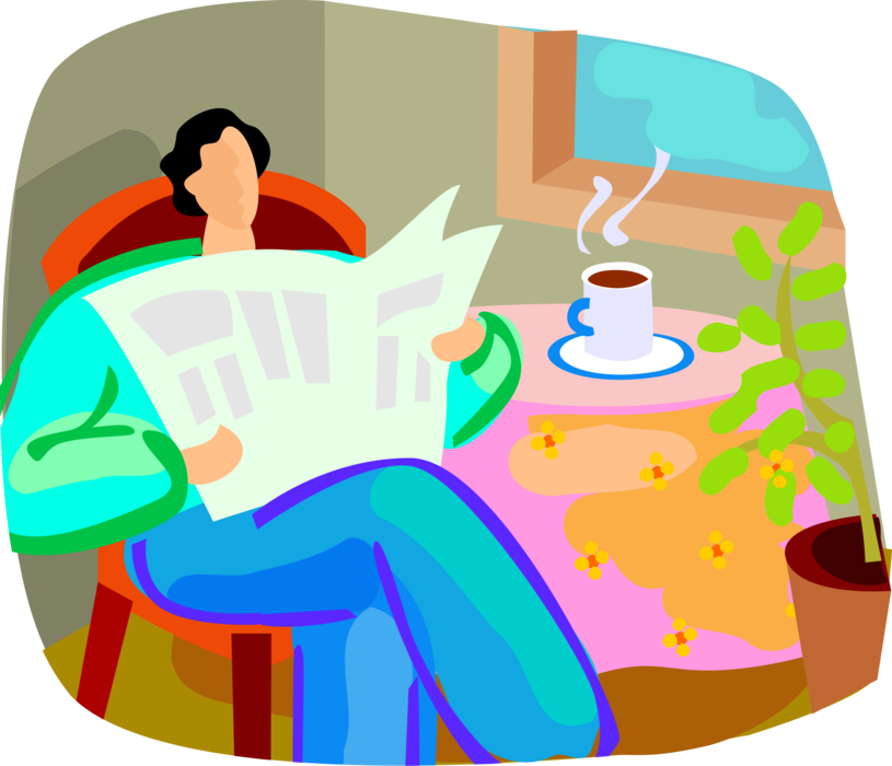 Vector Illustration of Reading Newspaper Sitting at Kitchen Table with Cup of Coffee