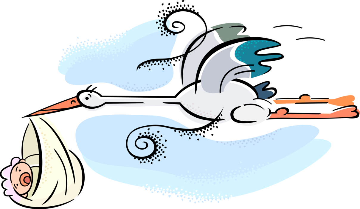 Vector Illustration of Stork Bird Carrying Newborn Infant Baby