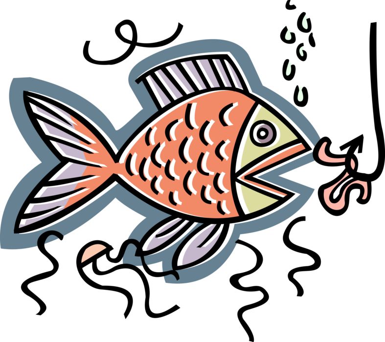 Vector Illustration of Aquatic Marine Fish with Worm Baited Hook
