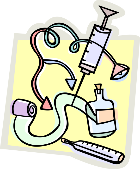 Vector Illustration of Medical Equipment Stethoscope, Bandages, Hypodermic Syringe and Medicine