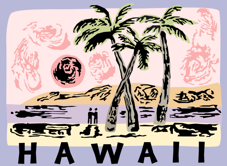 Vector Illustration of Hawaii is Tourist Dream Destination with Beaches and Palm Trees