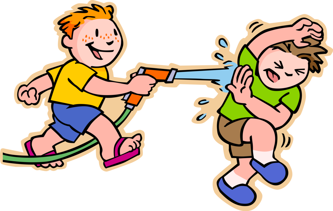 Vector Illustration of Primary or Elementary School Student Boys Have Water Fight with Garden Hose